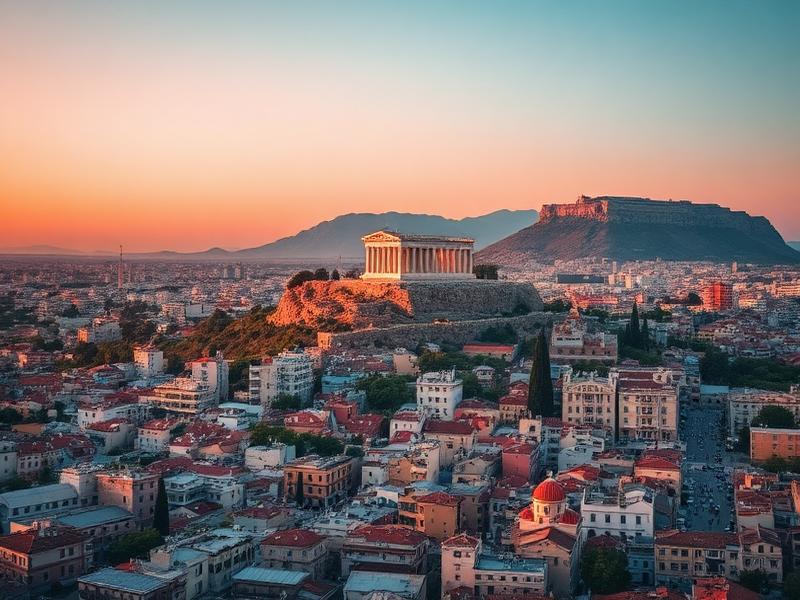 Aerial view of Athens with the Acropolis at sunset