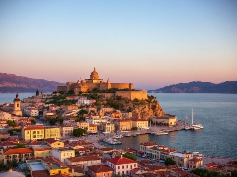Nafplio old town and Bourtzi castle by the sea at golden hour