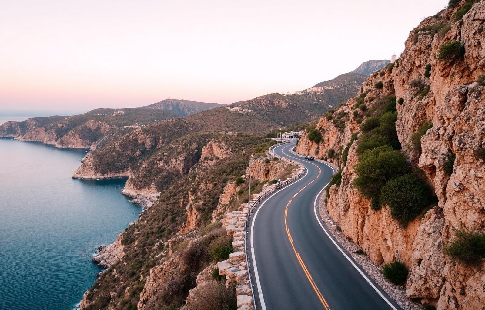 Coastal mountain road along the Greek mainland at dusk