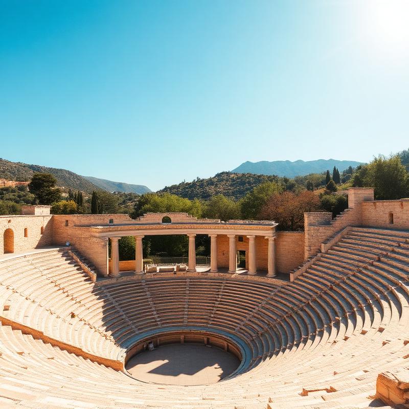 Ancient theatre of Epidaurus under clear blue sky