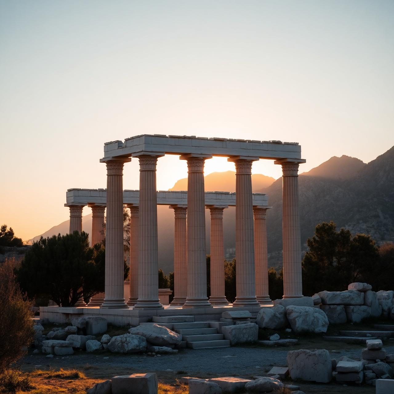 Stone columns of the Delphi archaeological site at golden hour