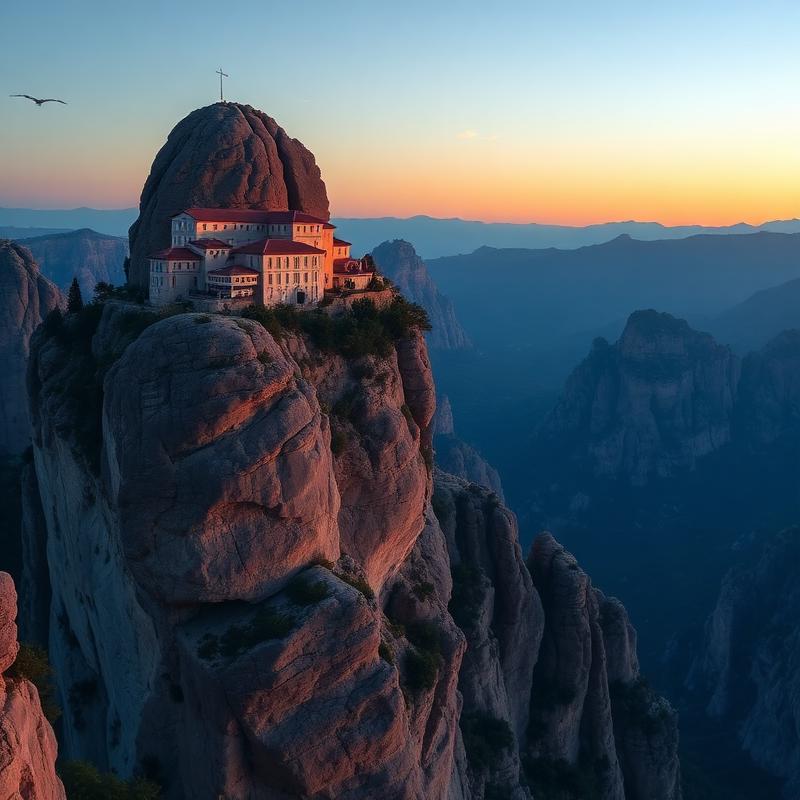 Meteora monastery perched on a rock pillar at sunrise