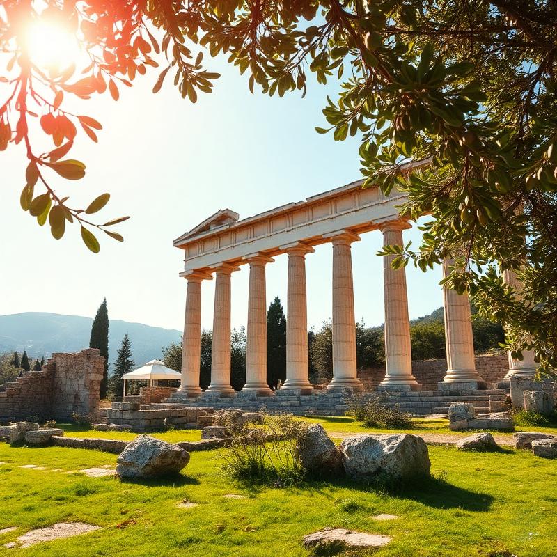 Ancient Olympia ruins among olive trees